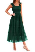 Vestido PRETTYGARDEN Midi Verde Escuro Sem Mangas com Franzidos e Babados M Vestido PRETTYGARDEN Midi Verde Escuro Sem Mangas com Franzidos e Babados M