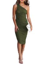 Vestido PRETTYGARDEN Midi Verde Militar com Ombro Único e Franzido em Tule Tamanho S