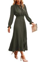 Vestido PRETTYGARDEN Midi Verde Militar com Pom Pom e Manga Longa Tamanho L