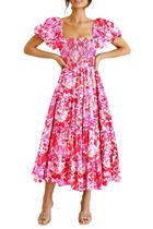 Vestido PRETTYGARDEN Midi Vermelho Floral com Lastex Tamanho L