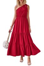 Vestido PRETTYGARDEN Nó Ombro Único Sem Mangas Vermelho Fluido Tamanho L
