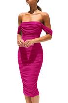 Vestido PRETTYGARDEN Ombro a Ombro com Franzidos Corpo Justo Vermelho Rosado G Vestido PRETTYGARDEN Ombro a Ombro com Franzidos Corpo Justo Vermelho Rosado G