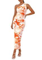 Vestido PRETTYGARDEN Ombro Único Franzido Floral Laranja Claro Tamanho S Vestido PRETTYGARDEN Ombro Único Franzido Floral Laranja Claro Tamanho S