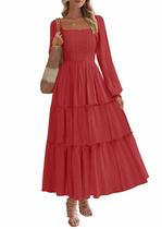 Vestido PRETTYGARDEN Outono Manga Longa Smock Maxi Vermelho XL