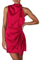 Vestido PRETTYGARDEN Rojo de Satén sin Mangas con Cinturón a la Cintura Talla XXL