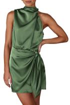Vestido PRETTYGARDEN sin mangas de satén verde ejército con cuello simulado y talla pequeña Vestido PRETTYGARDEN sin mangas de satén verde ejército con cuello simulado y talla pequeña