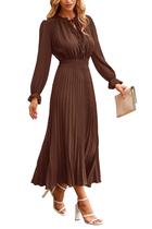 Vestido PRETTYGARDEN Swiss Dot Manga Longa Decote V Midi Café Escuro Vestido PRETTYGARDEN Swiss Dot Manga Longa Decote V Midi Café Escuro