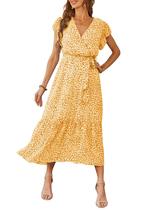 Vestido PRETTYGARDEN Verano Floral Cruzado con Escote en V Amarillo Talla S