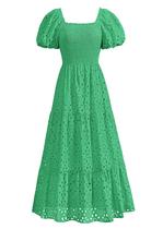 Vestido PRETTYGARDEN, verão 2025, ilhós, gola quadrada, manga folhada