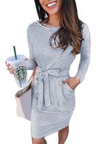 Vestido PRETTYGARDEN X-Large Manga Longa com Cinto Listrado Azul