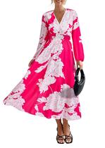 Vestido PRETTYGARDEN X-Large Vermelho Floral com Decote V e Manga Longa