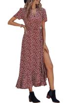Vestido PRETTYGARDEN XL Rojo Vino Floral Cruzado con Escote en V Maxi Vestido PRETTYGARDEN XL Rojo Vino Floral Cruzado con Escote en V Maxi