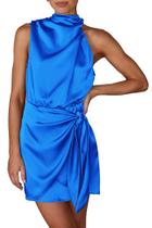 Vestido PRETTYGARDEN XXL sin mangas de satén azul con cinturón atado Vestido PRETTYGARDEN XXL sin mangas de satén azul con cinturón atado