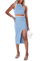Vestido PRETTYGARDEN Z-Azul Claro Pequeño Sin Mangas Midi Ajustado Vestido PRETTYGARDEN Z-Azul Claro Pequeño Sin Mangas Midi Ajustado