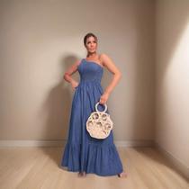 Vestido Primavera/Verão Feminino Longo Jeans Rodado Manga Unica Com Elastico