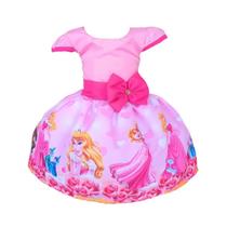 Vestido Princesa Aurora Bela Adormecida Rosa Infantil Festa
