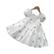 Vestido Princesa Com Estampa De Margaridas Brancas E Mangas Bufantes Para Meninas De 3 a 7 Anos, Vestido Princesa Com Estampa De Margaridas Brancas E Mangas Bufantes Para Meninas De 3 a 7 Anos,