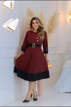 Vestido Quadriculado, Cor Vermelho/ Preto, De Malha Canelada, Tamanho 38/44 - Rê Sena Ateliê