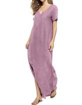 Vestido que combina com decote em V, casual, solto, manga curta, maxi com bolso Vestido que combina com decote em V, casual, solto, manga curta, maxi com bolso