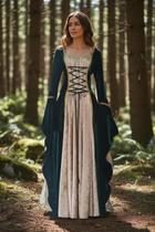 Vestido Rainha Elfa Medieval Verde Com Bege Dourado Luxuoso Vestido Rainha Elfa Medieval Verde Com Bege Dourado Luxuoso