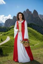 Vestido Rainha Medieval luxuoso branco e vermelho