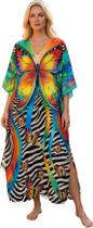 Vestido RanRui com decote em V e manga em forma de asa de morcego, kaftan, 100% viscose Vestido RanRui com decote em V e manga em forma de asa de morcego, kaftan, 100% viscose