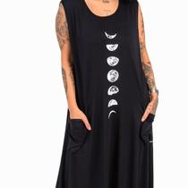 Vestido Regata Estampa Fases Lua Longo Bolsos Feminino