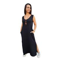 Vestido Regata Liso Longo com Fenda Lateral e Bolso