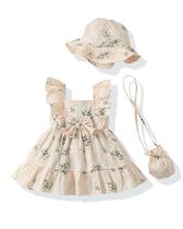 Vestido Renotemy Baby Girl, bege, floral, chapéu, bolsa 3-6M Vestido Renotemy Baby Girl, bege, floral, chapéu, bolsa 3-6M