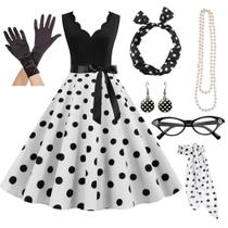 Vestido Retrô Vintage Feminino Com Bolinhas, Linha A, Estilo Rockabilly, Conjunto Com Acessórios,
