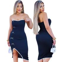 Vestido Ribana Feminino sem alça Detalhe de Laço Fenda Lateral Comprido Tubinho Canelado