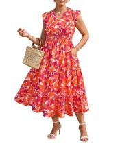 Vestido RITERA com decote em V e manga com babados, comprido, floral, 5GG