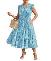 Vestido RITERA Plus Size 2X Flowy Maxi Blue Floral com decote em V
