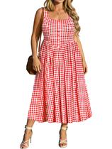 Vestido RITERA Plus Size com gola quadrada sem mangas, vermelho, branco, xadrez
