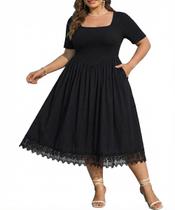 Vestido RITERA Plus Size de manga curta A-Line Midi preto 5GG Vestido RITERA Plus Size de manga curta A-Line Midi preto 5GG