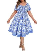 Vestido RITERA Plus Size Floral Azul Branco Boho Summer 3XL-5XL