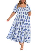 Vestido RITERA Plus Size Floral com gola quadrada e manga curta azul