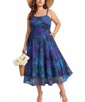 Vestido RITERA Plus Size Spring Beach Midi com bolsos 2GG azul