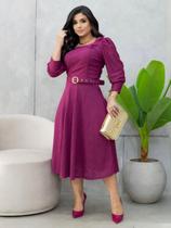 Vestido Rodado Moda Evangélica Manga 3/4 com Cinto para Festa de Casamento