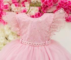 Vestido rosa bebe flor jardim festa infantil realeza batizado luxo RN a 3 anos