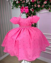 Vestido Rosa Chiclete Bebê Lese Laise Festa Luxo - Confeccionado em Tecido Misto Vestido Rosa Chiclete Bebê Lese Laise Festa Luxo - Confeccionado em Tecido Misto