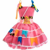 Vestido Rosa de Festa Junina pra Mulher Adulta de Luxo Rodado Com Bandeirinhas e Bolsa