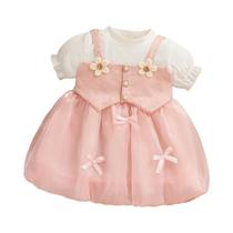 Vestido Rosa De Princesa Para Bebê Menina Com Laço, Flor, Manga Bufante De Tricô E Gaze Para Festa