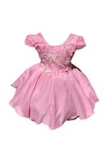 Vestido rosa infantil luxo borboletas aplicadas e bordado