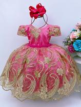 Vestido Rosa Pink Realeza Dourado Princesas Barbie Casamento - Enjoy