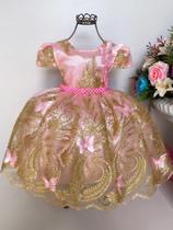 Vestido Rosa Realeza Dourado Princesas Jardim das Borboletas - Enjoy