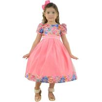 Vestido Rosa Salmão com Estampa Floral Efeito 3D para Menina Vestido Rosa Salmão com Estampa Floral Efeito 3D para Menina