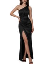Vestido Rosegalette de cetim de um ombro franzido com fenda alta preto Vestido Rosegalette de cetim de um ombro franzido com fenda alta preto