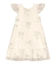 Vestido Roupa Infantil Tule C/ Aplicações Laços Mangas Curtas Delicado Gola Redonda Bege Vestido Roupa Infantil Tule C/ Aplicações Laços Mangas Curtas Delicado Gola Redonda Bege