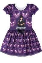Vestido Roxo Halloween Infantil Wandinha Caveiras Divertido